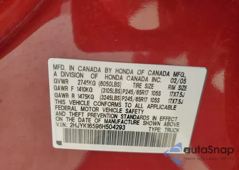 2006 Honda Ridgeline Rtl z USA, uszkodzony, nr VIN 2HJYK16596H504293